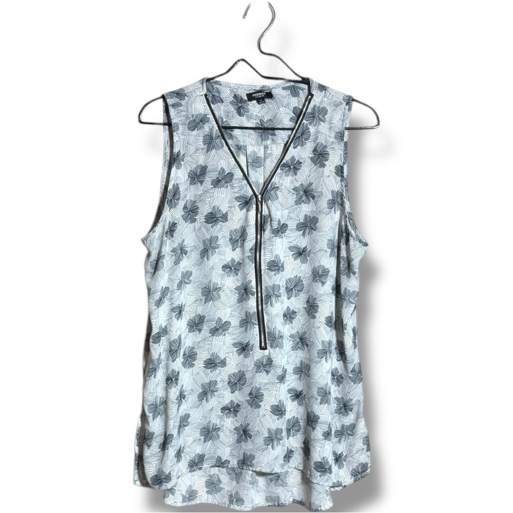 Premise Blue/Gray Floral Geometric Print High-Low 1/2 Silver Zip Front Blouse - Picture 9 of 16